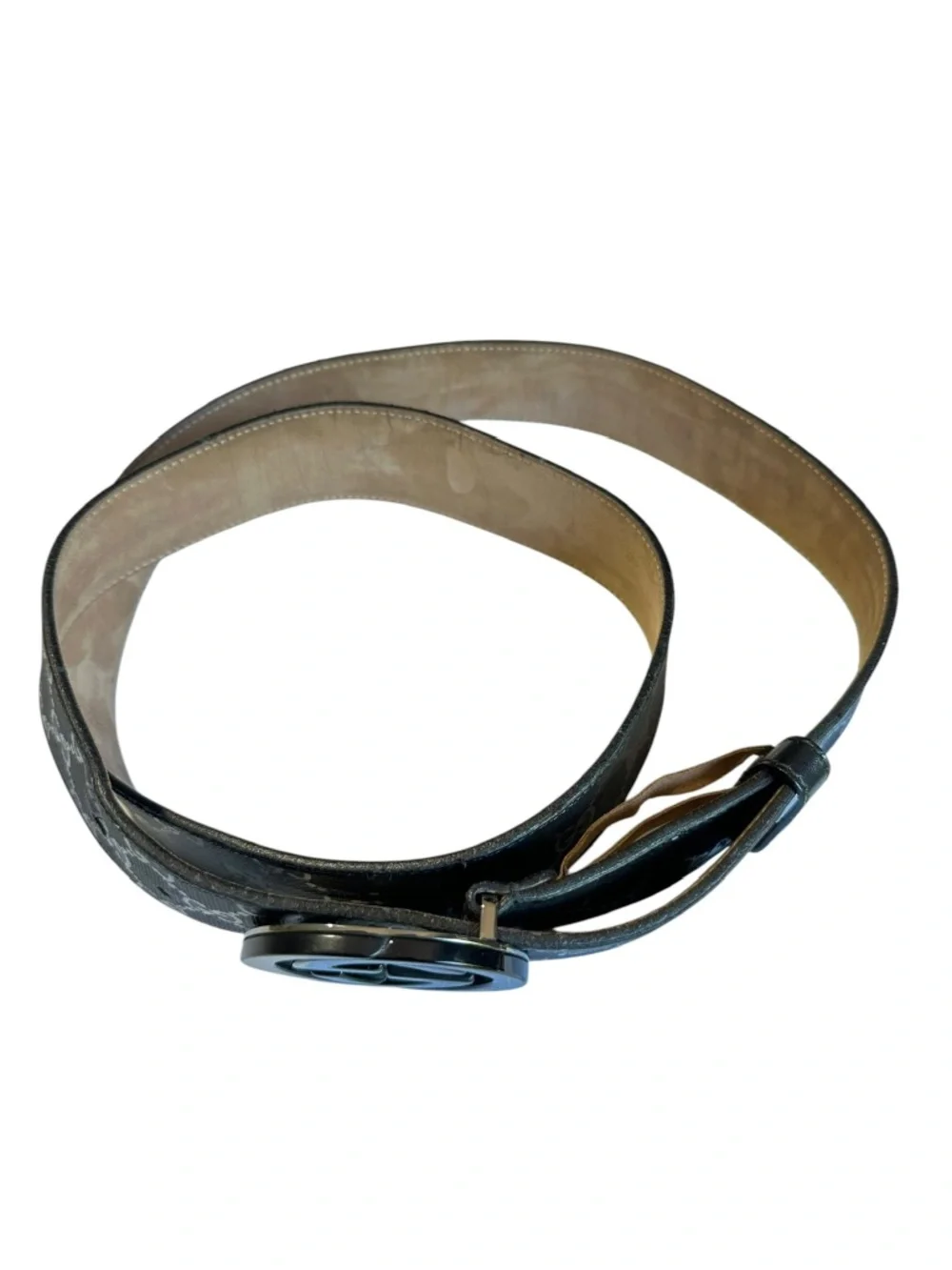 Authentic GUCCI Leather Belt With Black GG Interlocking Imprime Canvas 48 Large